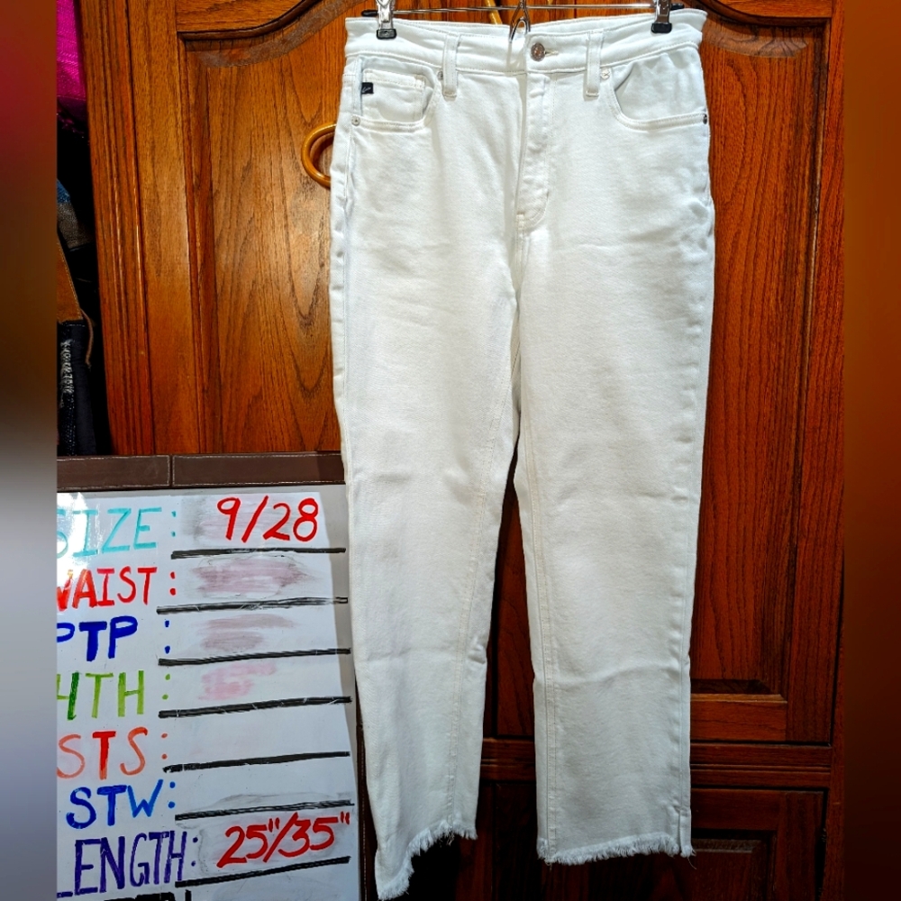 Kancan 9/28 white‎ stretch denim raw hem ankle straight loose fit comfy jeans
